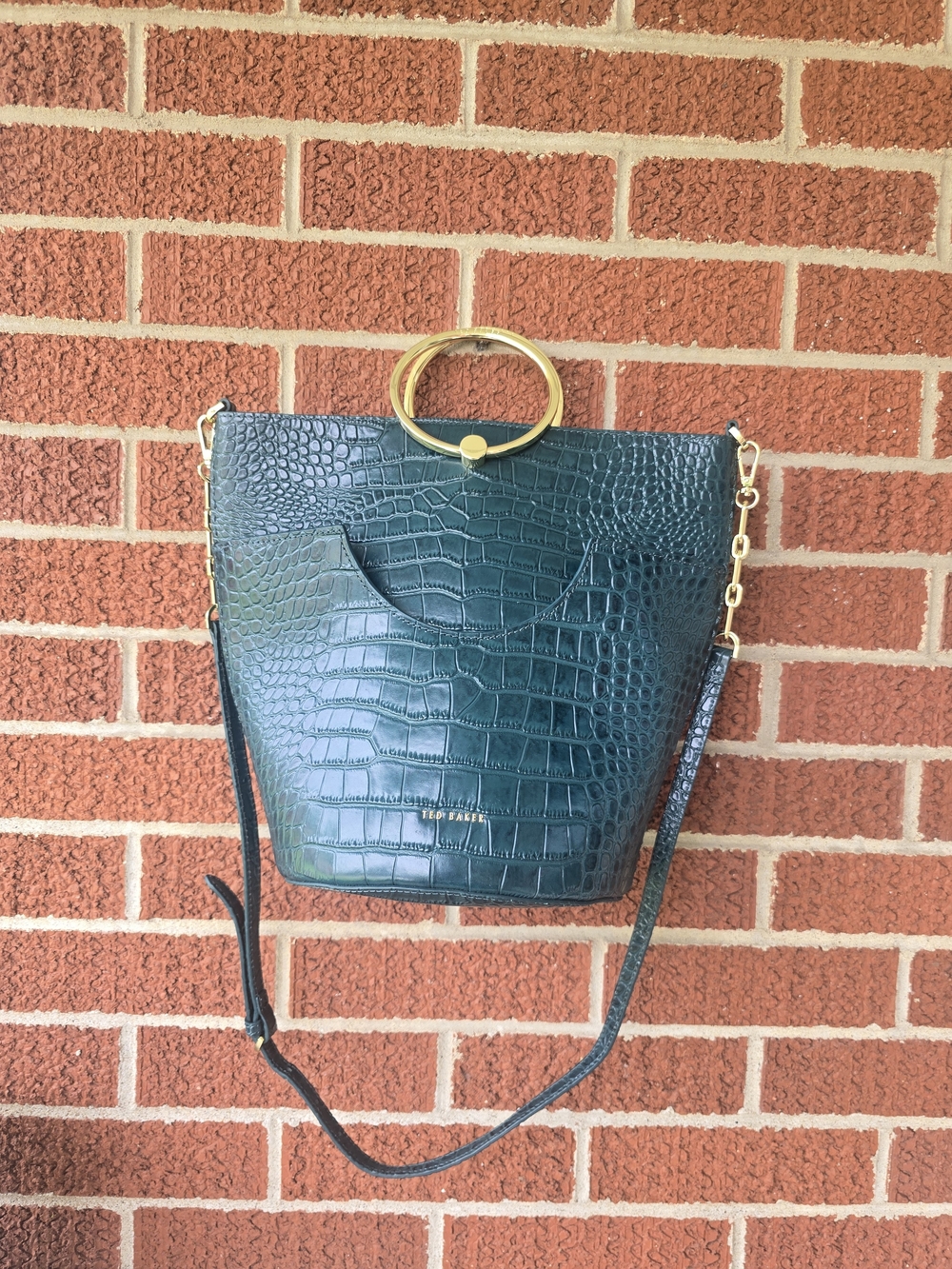 TED BAKER Green Croc-Embossed Crossbody Bag with Gold Ring Handle